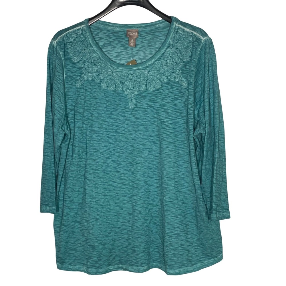 Chico's Carley Embroidered Burnout Top Teal Green Sz XL (3) Boho FLAW!